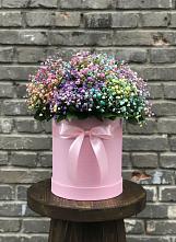 Цветочная композиция из Гипсофила и Розы в шляпной коробке в Приупский