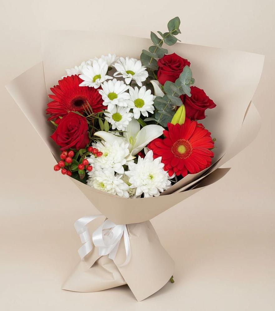 Букет цветов из: Розы, Хризантемы, Герберы и Лилии в Приупский