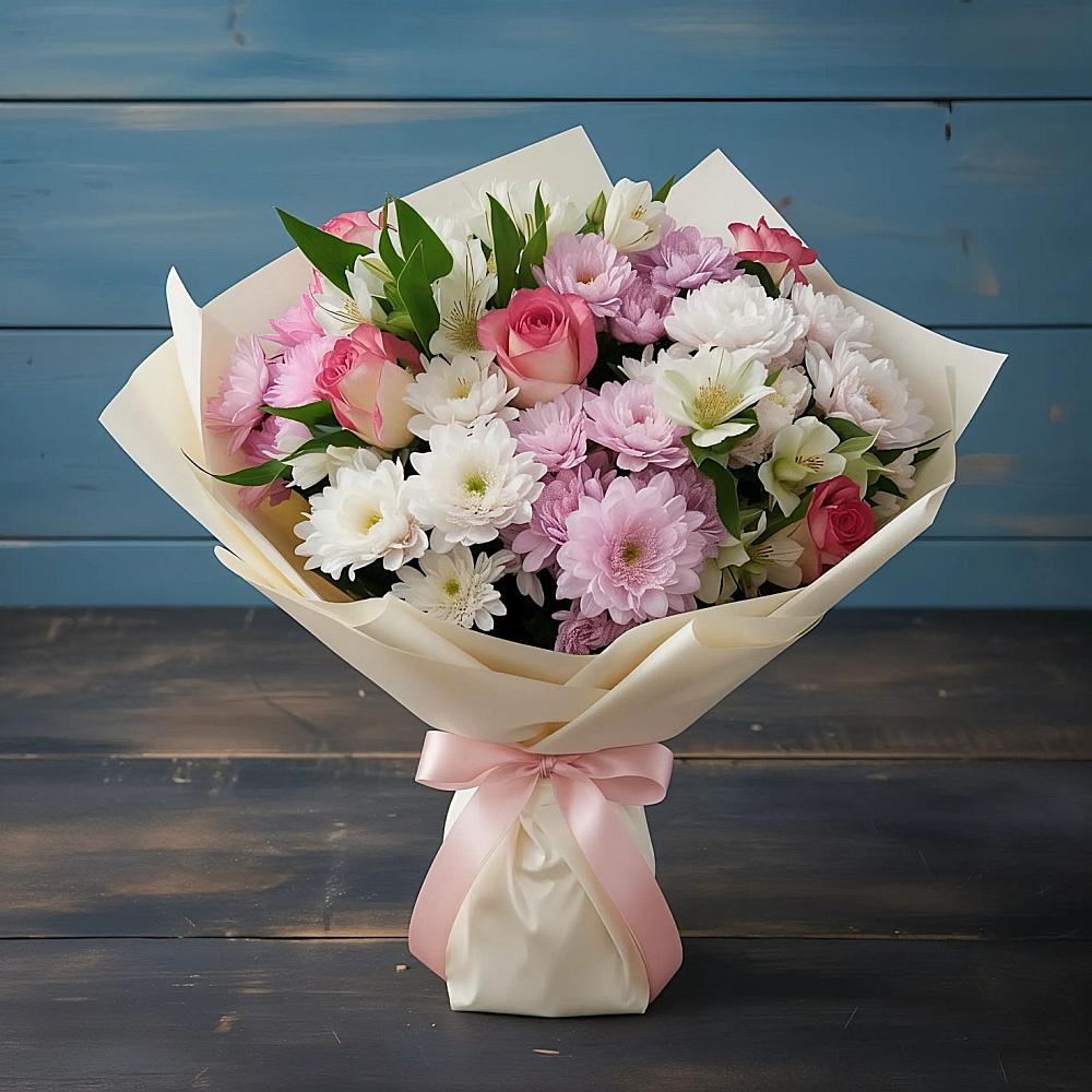 Букет цветов из: Хризантемы, Альстромерии и Розы в Приупский